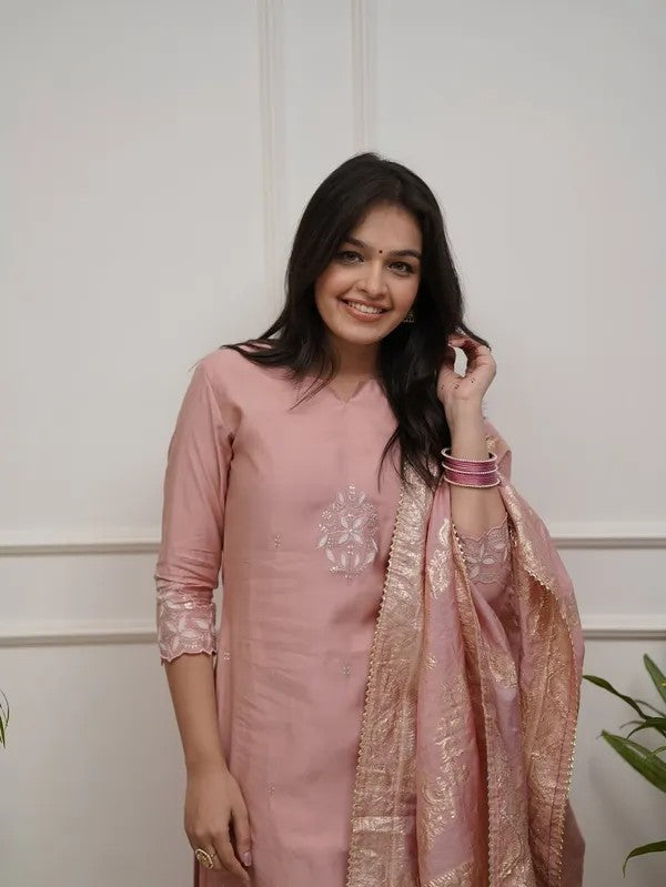 Blush Pink Embroidered Kurta Suit Set with Dupatta | Women Ethnic Wear