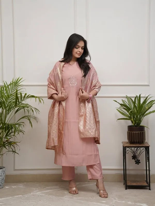 Blush Pink Embroidered Kurta Suit Set with Dupatta | Women Ethnic Wear