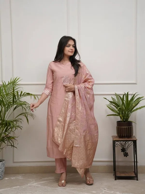 Blush Pink Embroidered Kurta Suit Set with Dupatta | Women Ethnic Wear
