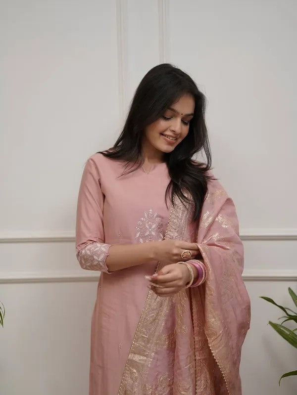 Blush Pink Embroidered Kurta Suit Set with Dupatta | Women Ethnic Wear