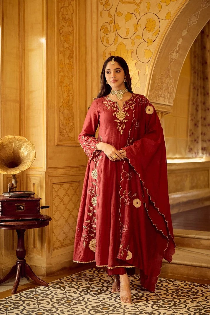 Crimson Red Chanderi Silk Anarkali Set | Women Ethnic Wear