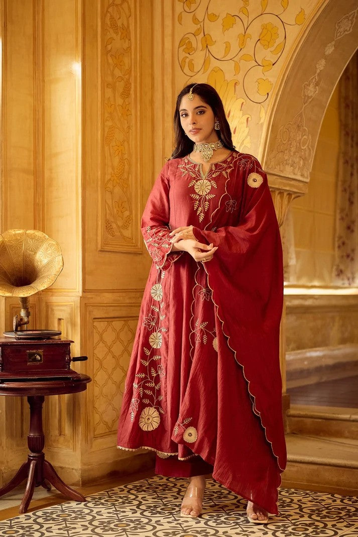Crimson Red Chanderi Silk Anarkali Set | Women Ethnic Wear