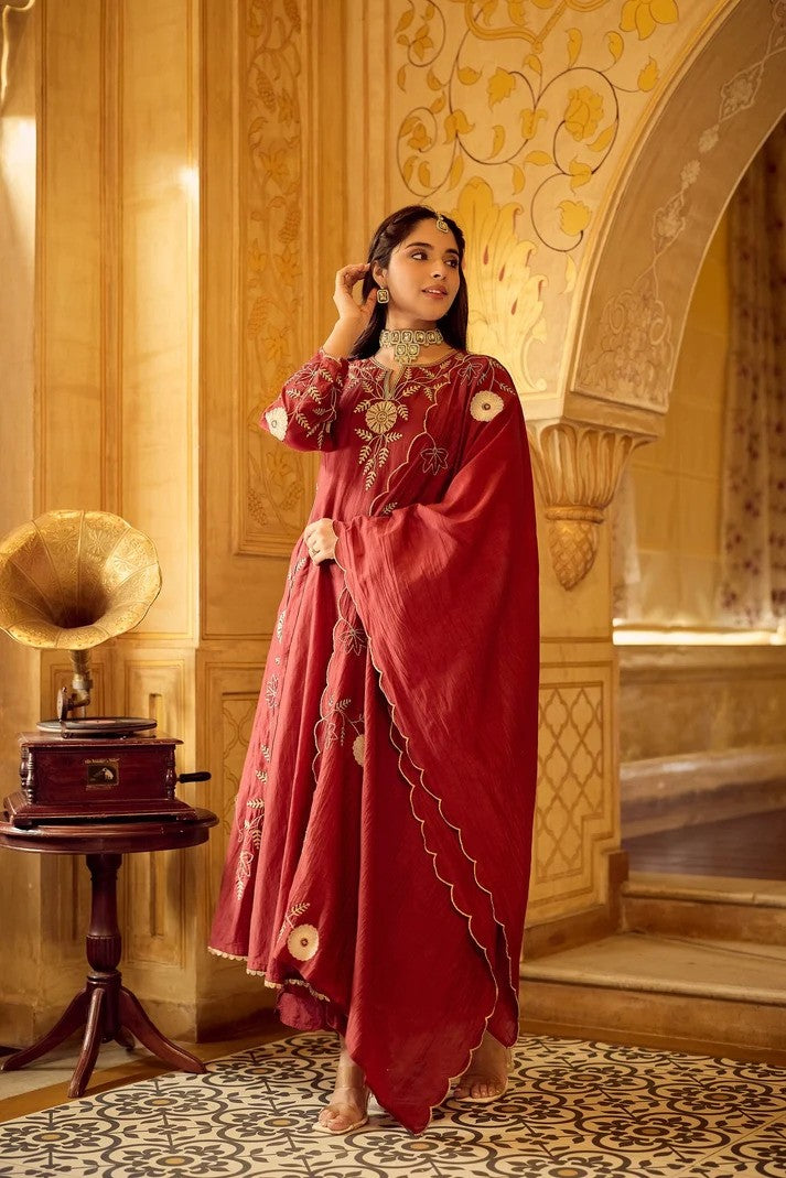 Crimson Red Chanderi Silk Anarkali Set | Women Ethnic Wear