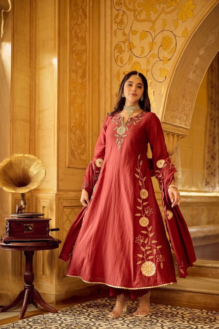 Crimson Red Chanderi Silk Anarkali Set | Women Ethnic Wear