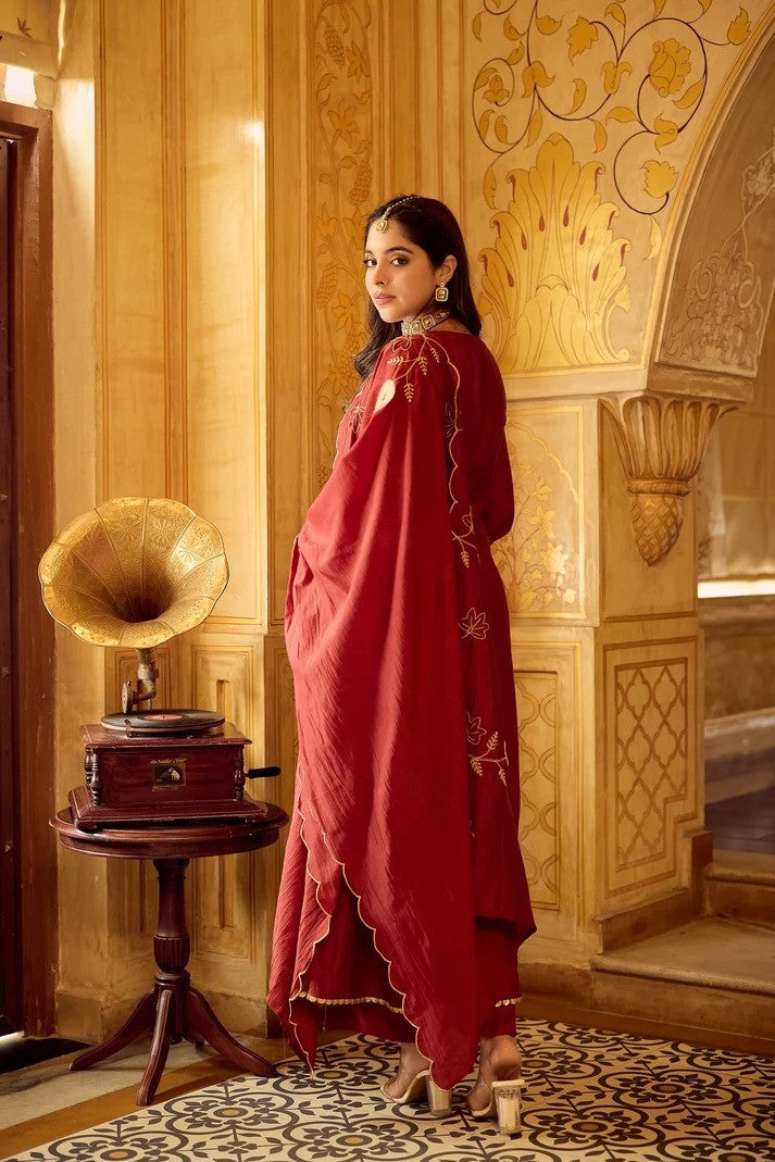 Crimson Red Chanderi Silk Anarkali Set | Women Ethnic Wear
