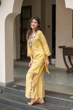 Women Yellow Embroidered French Crepe Kurta Set