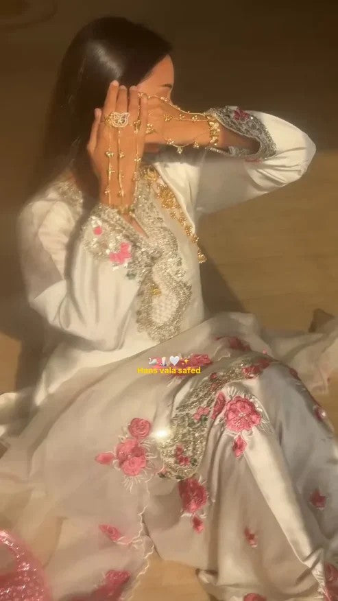 Women’s White Embroidered Crepe Silk 3-Piece Suit Set | Farshi Pant & Dupatta