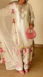 Women’s White Embroidered Crepe Silk 3-Piece Suit Set | Farshi Pant & Dupatta