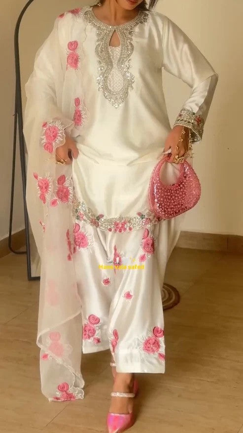 Women’s White Embroidered Crepe Silk 3-Piece Suit Set | Farshi Pant & Dupatta