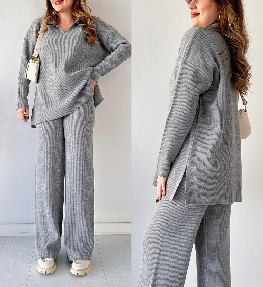 winter v-neck casual slit knitted two piece set