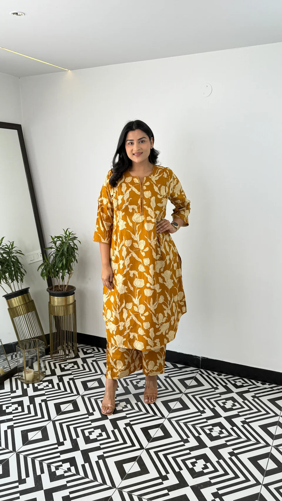 Yellow Floral Bloom Cotton Kurta Pants for Women