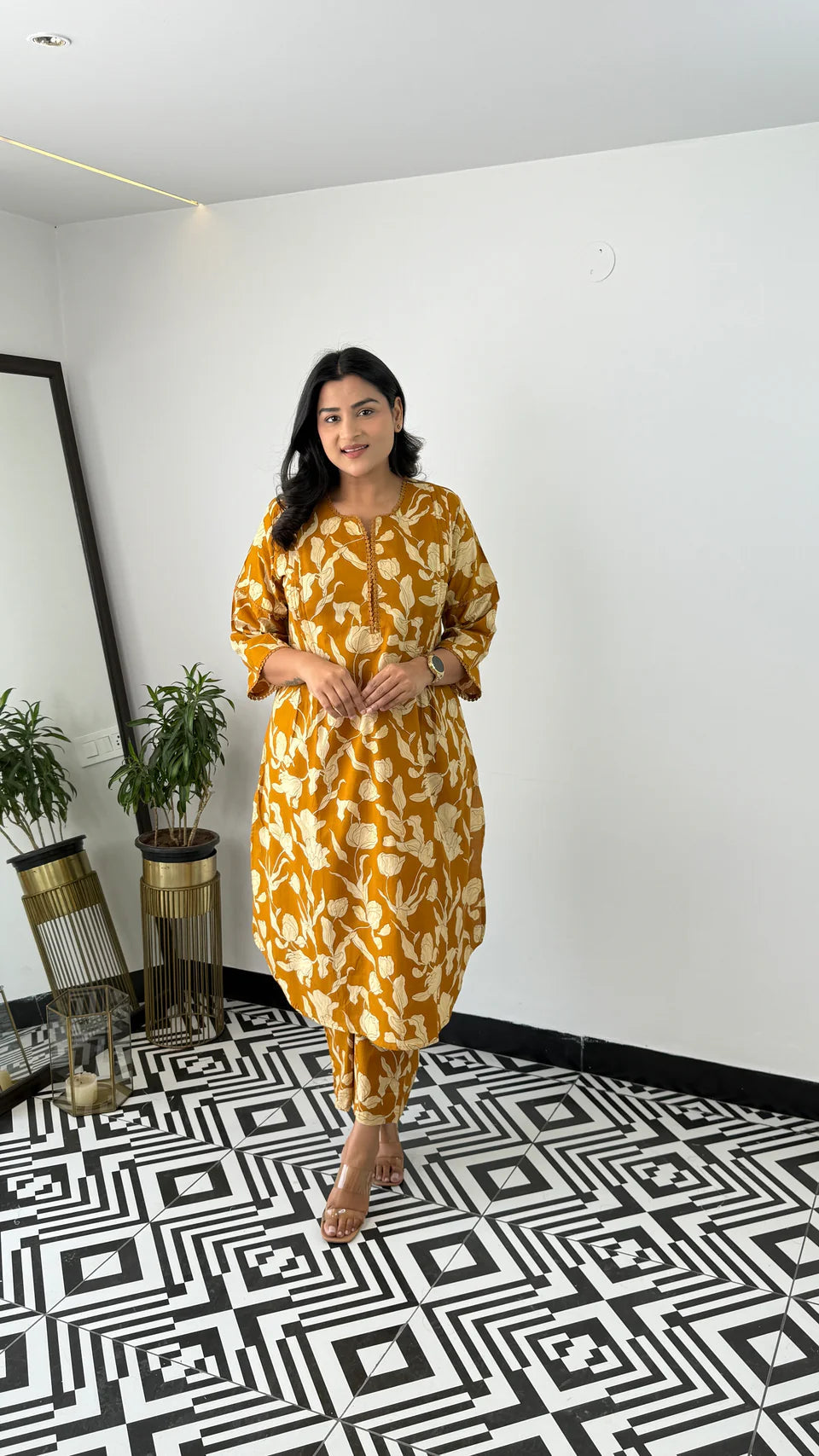 Yellow Floral Bloom Cotton Kurta Pants for Women