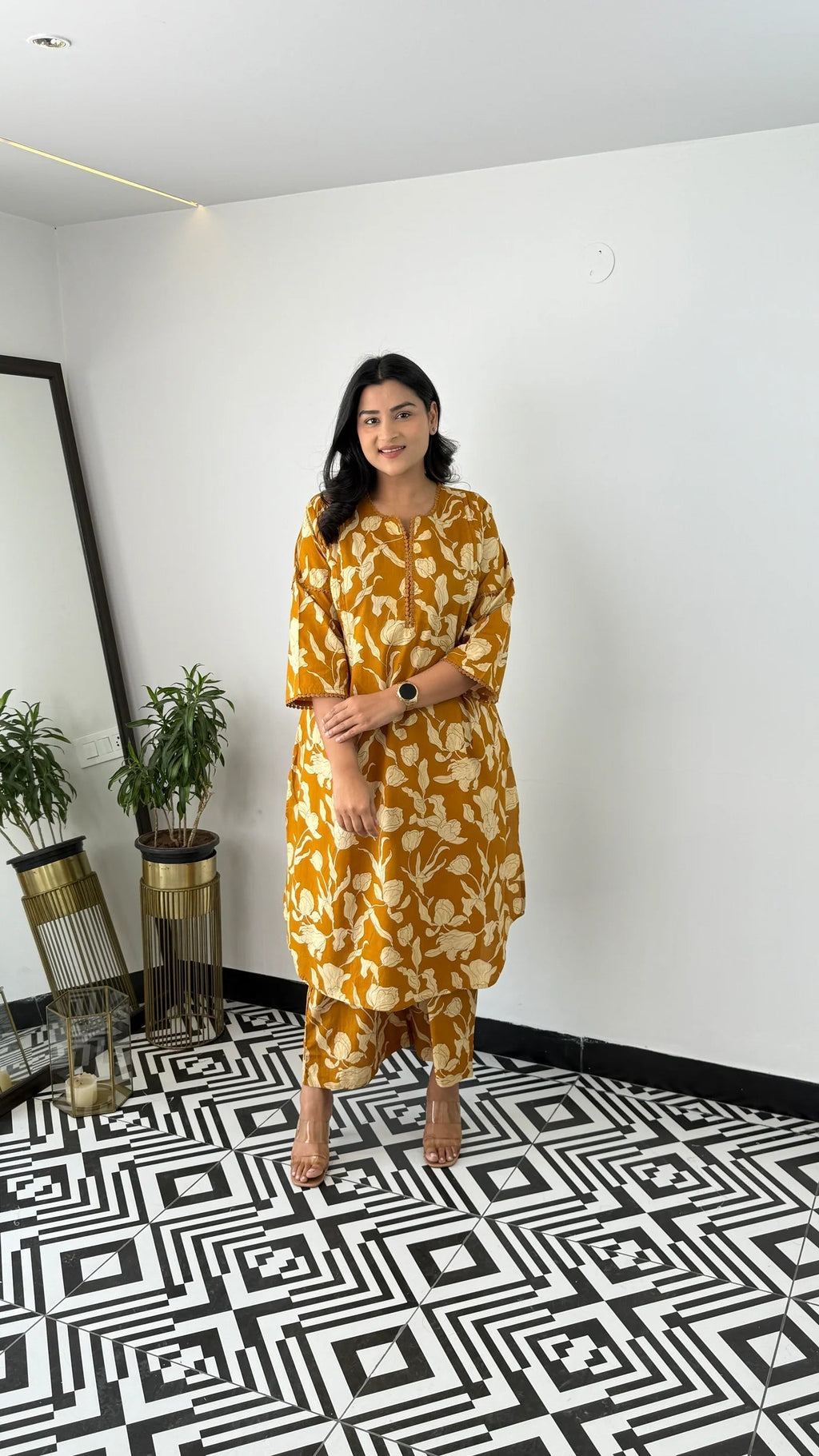 Yellow Floral Bloom Cotton Kurta Pants for Women