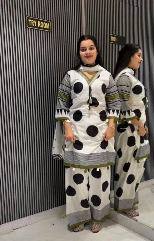 Women’s Ivory Cotton Silk Polka Dot Printed Kurta Salwar Suit Set