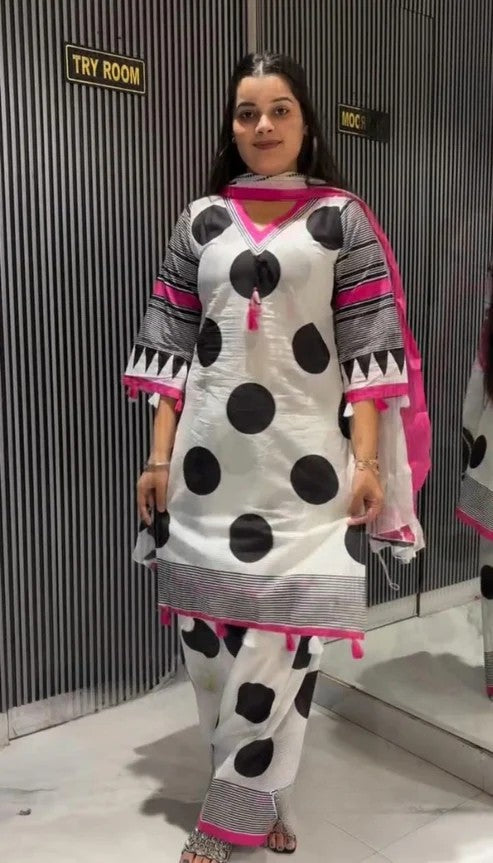 Women’s Ivory Cotton Silk Polka Dot Printed Kurta Salwar Suit Set