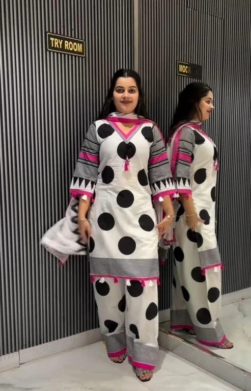 Women’s Ivory Cotton Silk Polka Dot Printed Kurta Salwar Suit Set