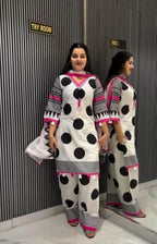 Women’s Ivory Cotton Silk Polka Dot Printed Kurta Salwar Suit Set