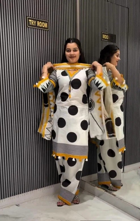 Women’s Ivory Cotton Silk Polka Dot Printed Kurta Salwar Suit Set