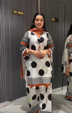 Women’s Ivory Cotton Silk Polka Dot Printed Kurta Salwar Suit Set