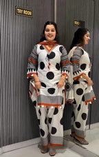 Women’s Ivory Cotton Silk Polka Dot Printed Kurta Salwar Suit Set