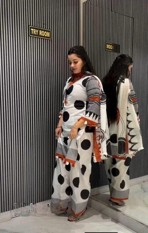 Women’s Ivory Cotton Silk Polka Dot Printed Kurta Salwar Suit Set