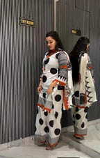 Women’s Ivory Cotton Silk Polka Dot Printed Kurta Salwar Suit Set