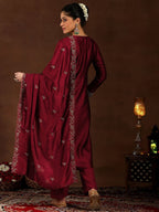 Women Maroon Pure Vichitra Silk Embroidered Kurta Set