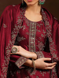 Women Maroon Pure Vichitra Silk Embroidered Kurta Set