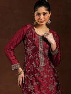 Women Maroon Pure Vichitra Silk Embroidered Kurta Set