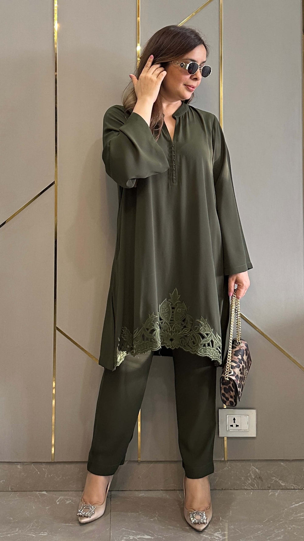 Olive Green Zoya Co-ord Set – Royal Georgette Embroidered 2-Piece