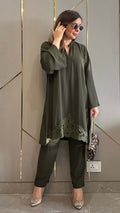 Olive Green Zoya Co-ord Set – Royal Georgette Embroidered 2-Piece