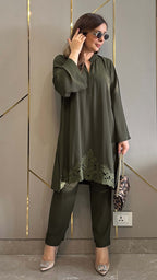 Olive Green Zoya Co-ord Set – Royal Georgette Embroidered 2-Piece