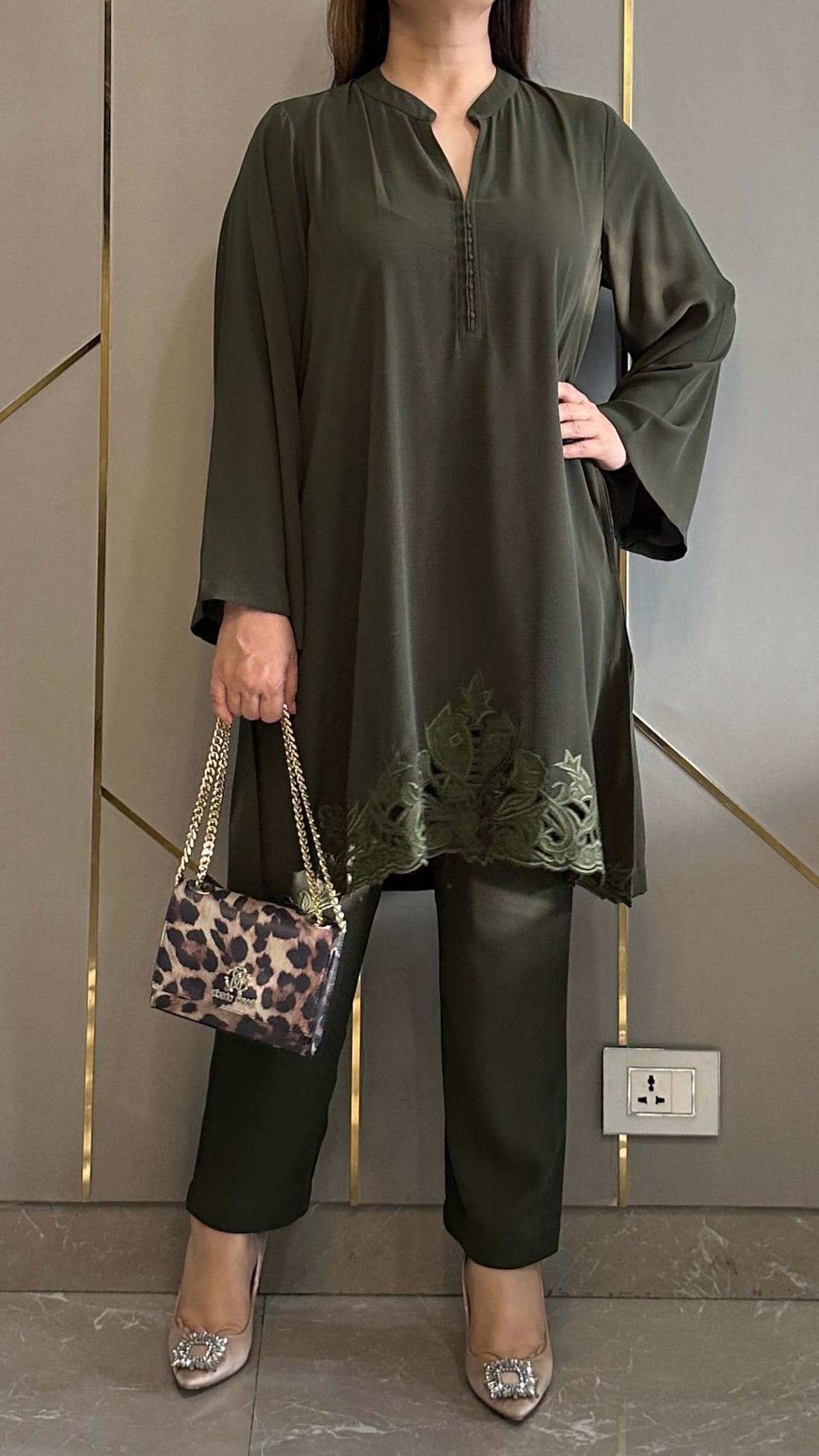 Olive Green Zoya Co-ord Set – Royal Georgette Embroidered 2-Piece
