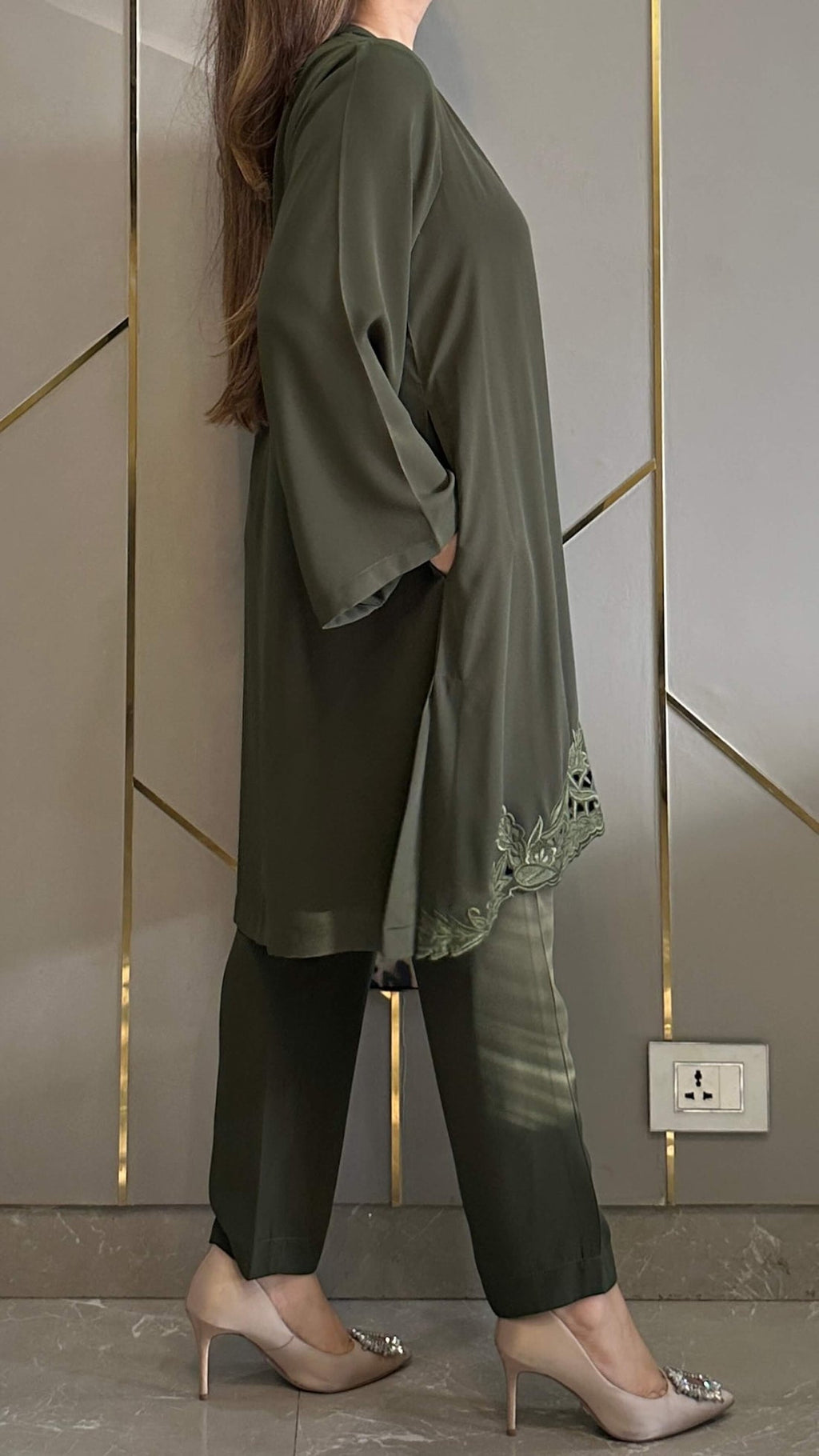 Olive Green Zoya Co-ord Set – Royal Georgette Embroidered 2-Piece
