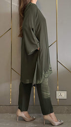 Olive Green Zoya Co-ord Set – Royal Georgette Embroidered 2-Piece