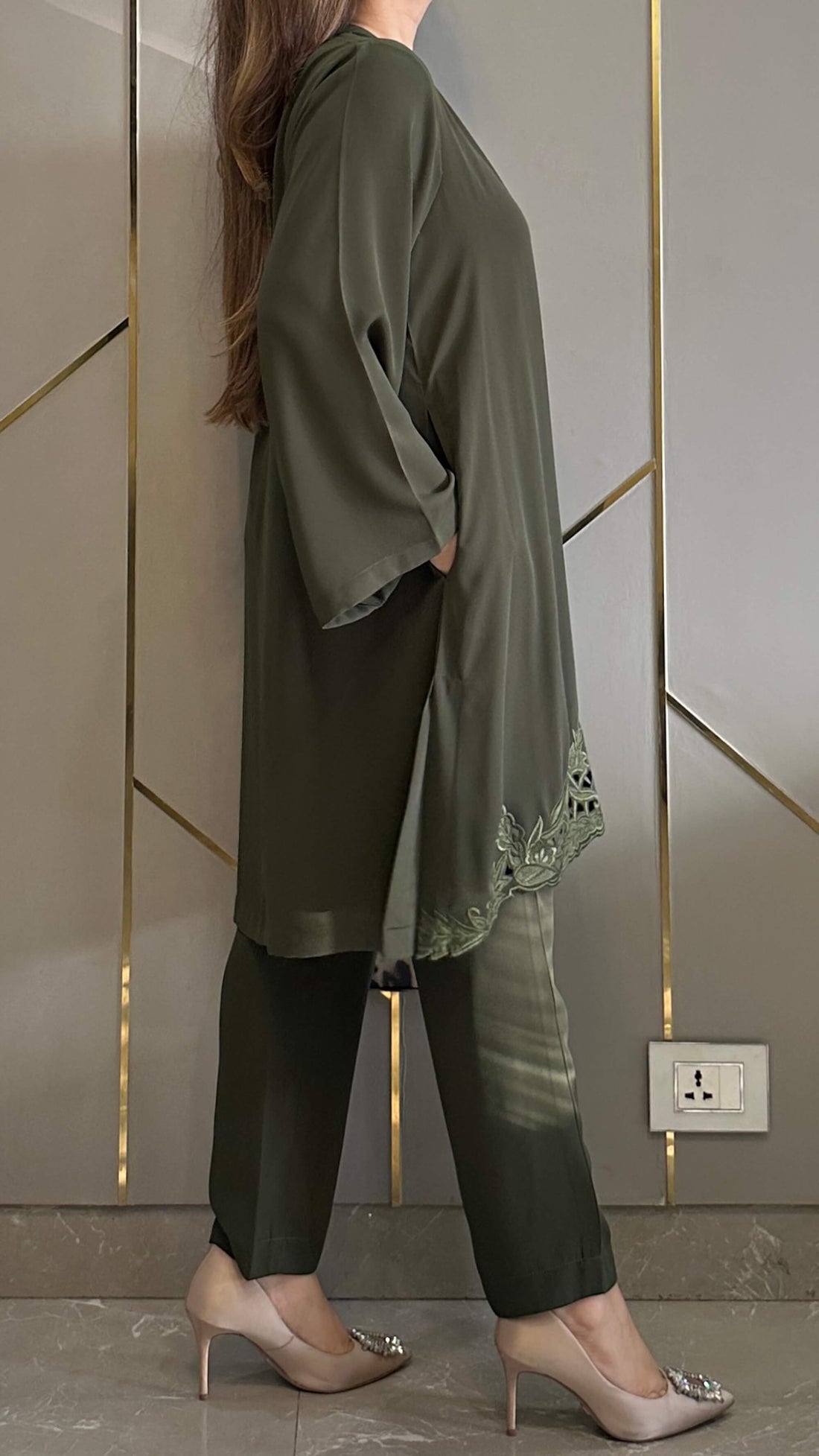 Olive Green Zoya Co-ord Set – Royal Georgette Embroidered 2-Piece