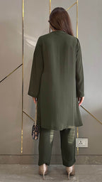 Olive Green Zoya Co-ord Set – Royal Georgette Embroidered 2-Piece