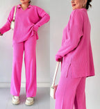 winter v-neck casual slit knitted two piece set