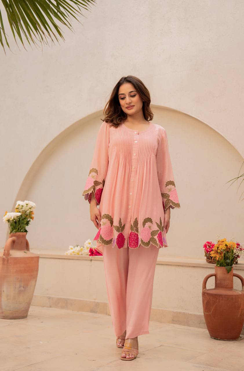 Women's Floral Embroidered Chanderi Silk Co-Ord Set