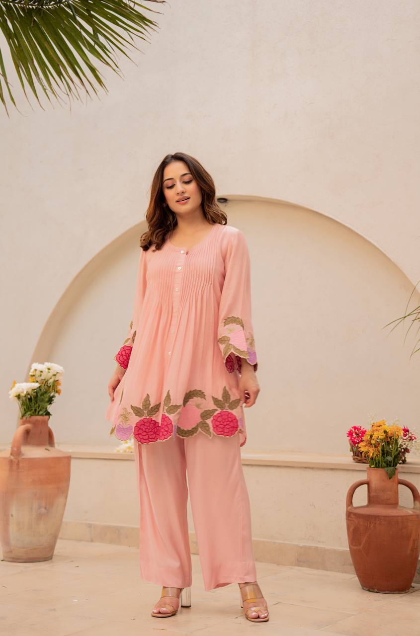 Women's Floral Embroidered Chanderi Silk Co-Ord Set