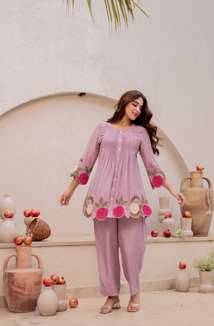 Women's Floral Embroidered Chanderi Silk Co-Ord Set