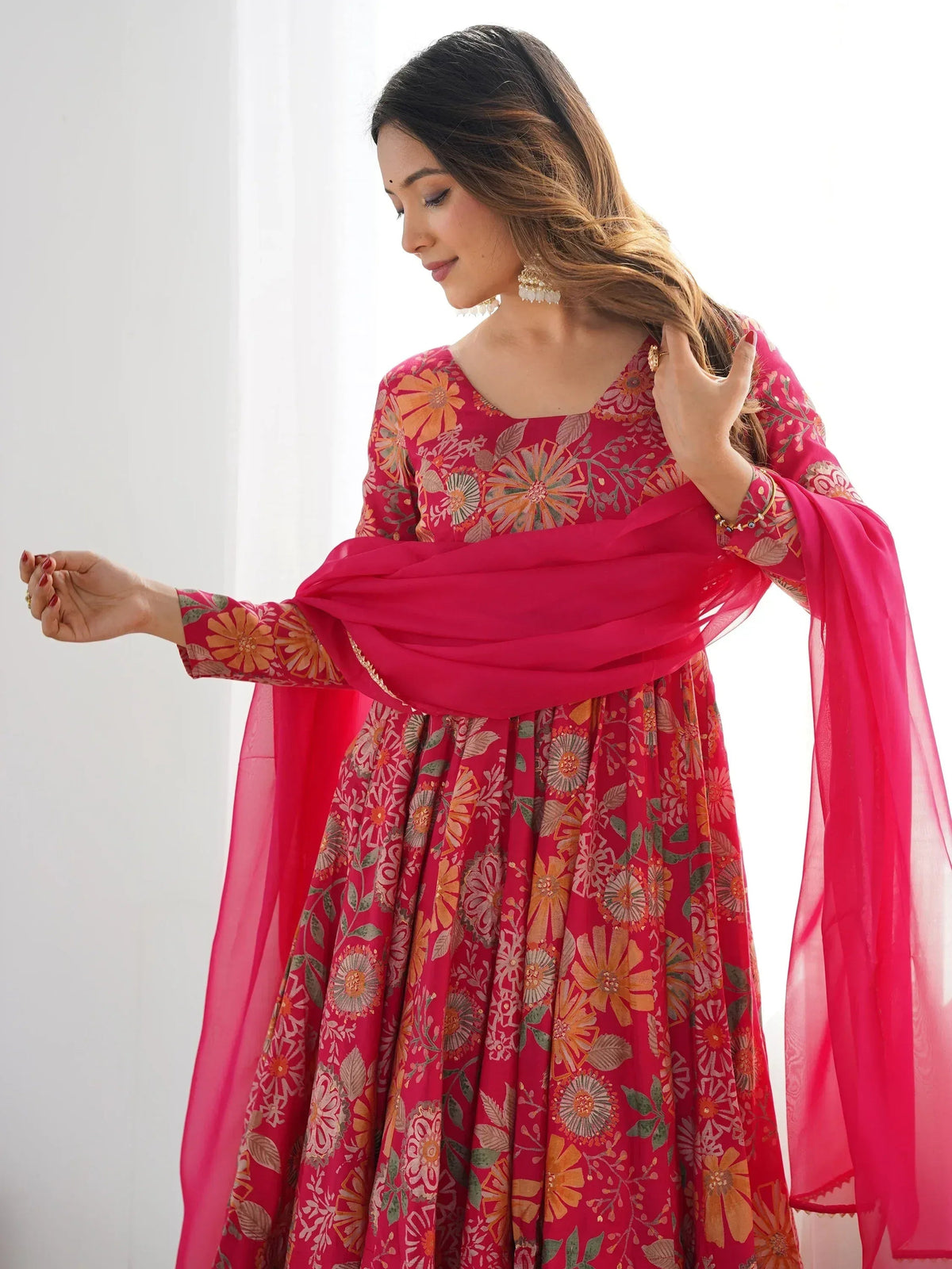 Attractive Rani Pink Floral Printed Silk Festival Wear Palazzo Suit With Dupatta