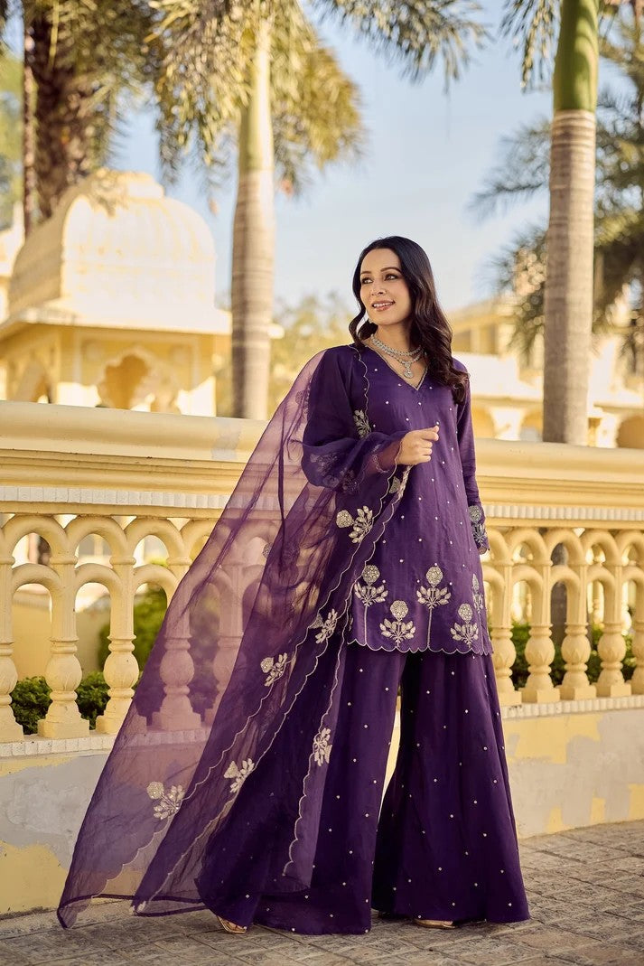 Royal Purple Chanderi Silk Sharara Set | Wedding & Festive Wear
