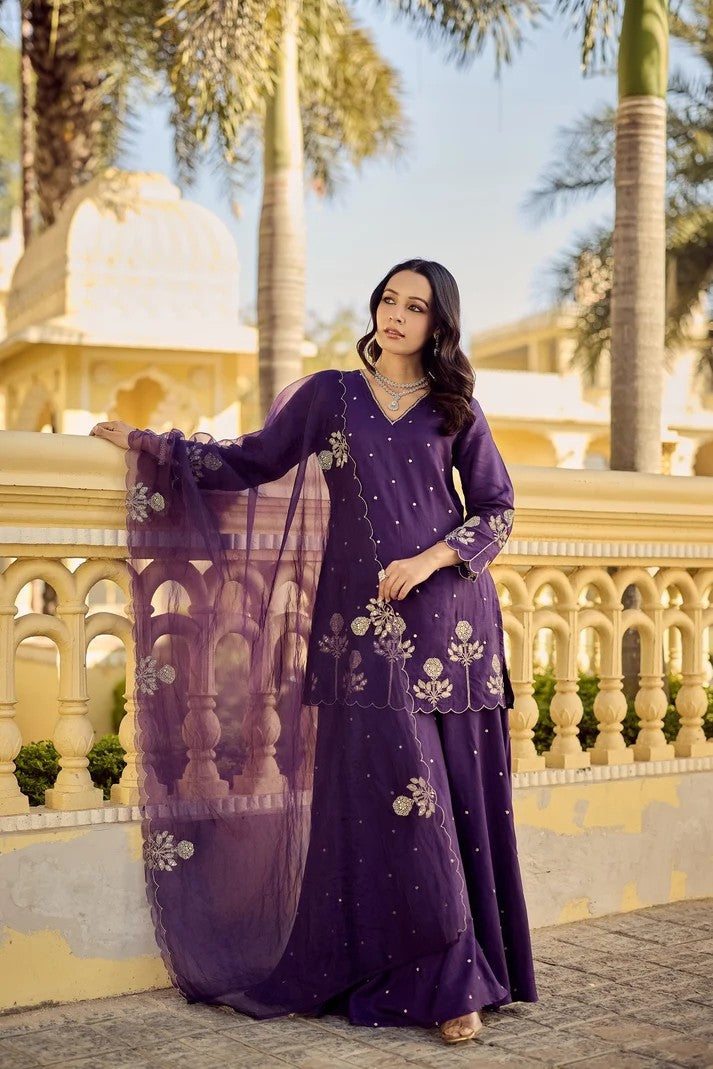 Royal Purple Chanderi Silk Sharara Set | Wedding & Festive Wear