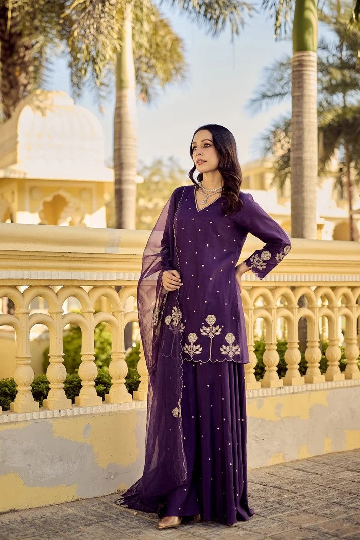 Royal Purple Chanderi Silk Sharara Set | Wedding & Festive Wear