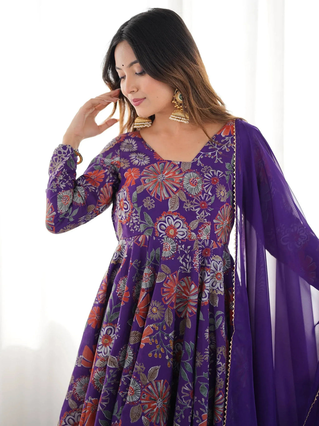 Attractive Purple Floral Printed Silk Festival Wear Palazzo Suit With Dupatta