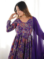 Attractive Purple Floral Printed Silk Festival Wear Palazzo Suit With Dupatta