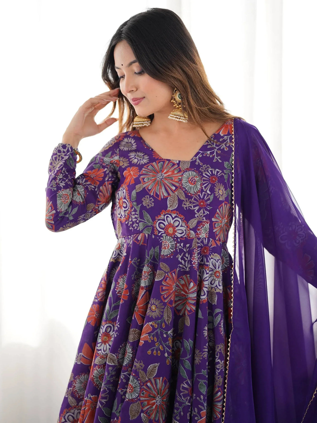 Attractive Purple Floral Printed Silk Festival Wear Palazzo Suit With Dupatta