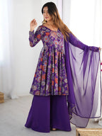 Attractive Purple Floral Printed Silk Festival Wear Palazzo Suit With Dupatta