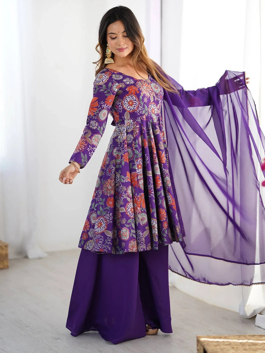 Attractive Purple Floral Printed Silk Festival Wear Palazzo Suit With Dupatta
